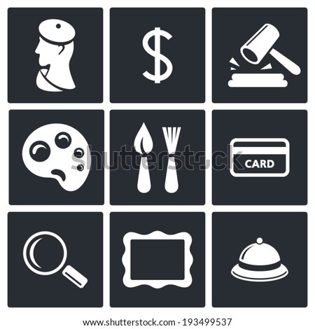 Museum, auction sale icon set