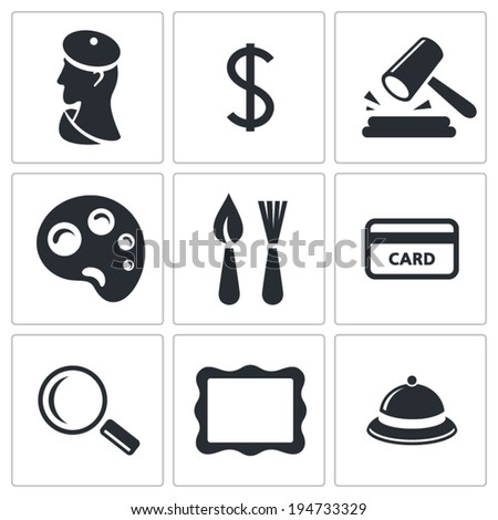 Museum, auction sale icon set