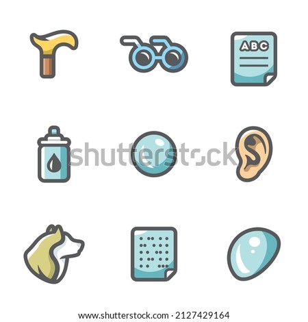 Vector Set of Disability Icons. Lameness, Blindness, Diagnostic, Prevention, Vision, Eye, Contact Lens, Guide, Braille, Deafness. Photo stock © 