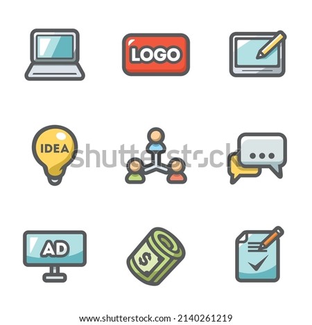 Vector Set of Creative Agency Icons. Computer, Logo, Graphics Tablet, Idea, Focus group, Discussion, Billboard, Royaltie, Technical Task.