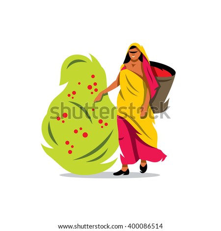 Vector Coffee Picker Cartoon Illustration. Woman with a Basket gathers Coffee Beans from the bush. Branding Identity Corporate unusual Logo isolated on a white background