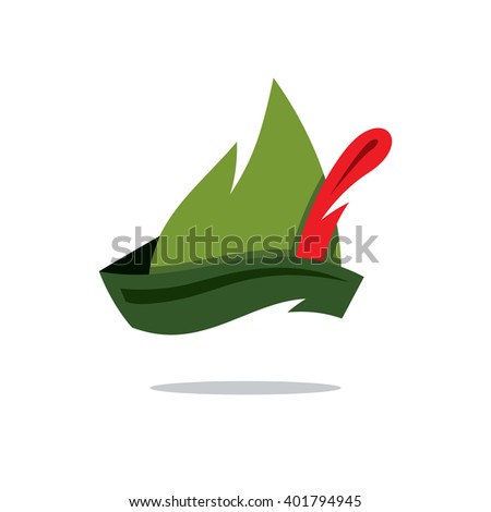 Vector Robin Hood Hat Cartoon Illustration. Austrian green hat with a red feather sticking out. Branding Identity Corporate unusual Logo isolated on a white background
