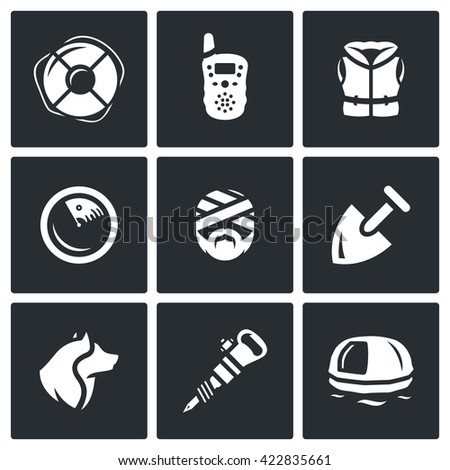 Vector Set of Search and Rescue service Icons. Lifebuoy, Radio, Life Jacket, Radar, Victim, Shovel, Dog, Jackhammer, inflatable Raft. Service of the search for missing people distress.