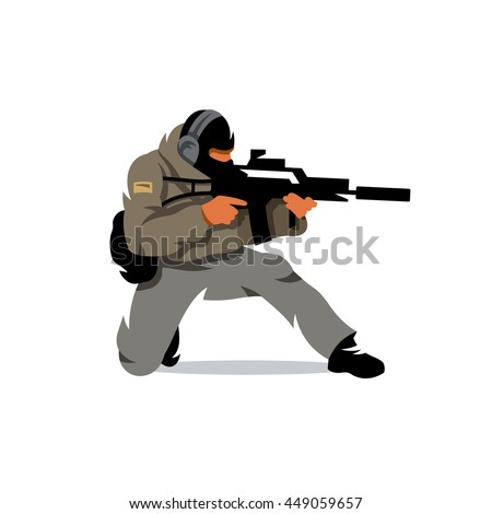 Vector Tactical shooting warrior Cartoon Illustration. The soldier fires his gun down on one knee. Unusual Logo template isolated on a white background