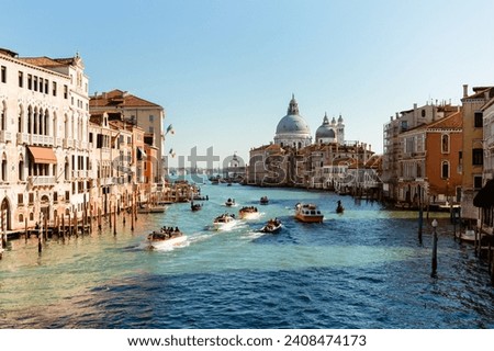 Image, Stock Photo Gondolas sailing along canal between city buildings