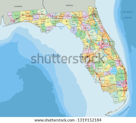 Florida - Highly detailed editable political map with labeling.