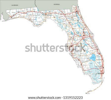 High detailed Florida road map with labeling.