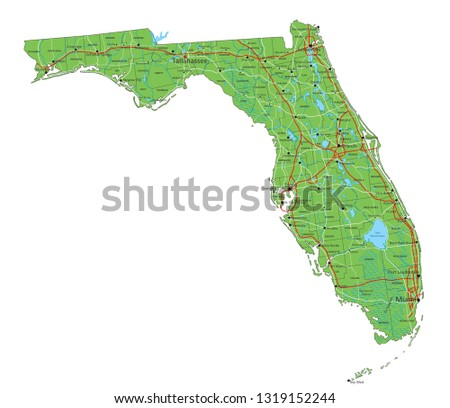 High detailed Florida physical map with labeling.