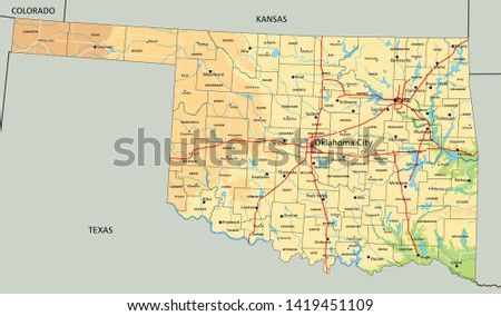 High detailed Oklahoma physical map with labeling.