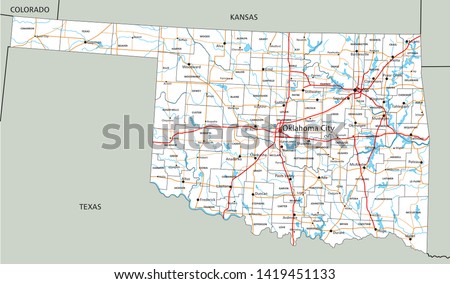 High detailed Oklahoma road map with labeling.
