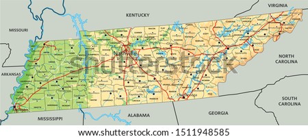 High detailed Tennessee physical map with labeling.