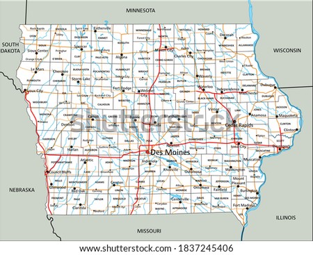 High detailed Iowa road map with labeling.