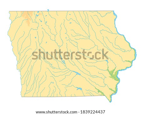 High detailed Iowa physical map.