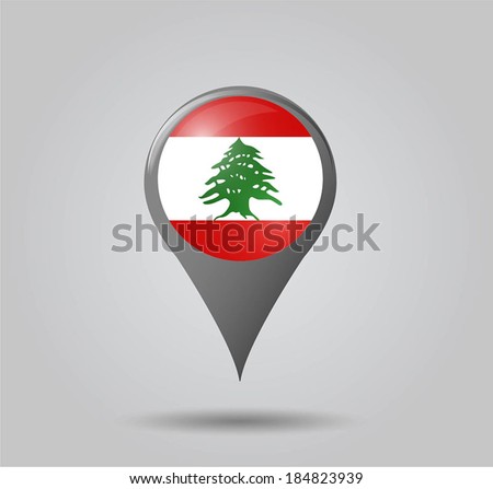 Map pointers with flag and 3D effect on grey background - Lebanon