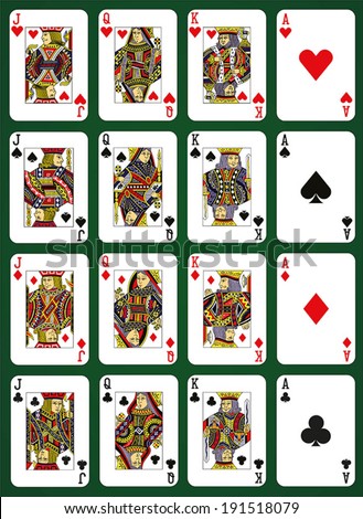 Poker set with isolated cards on green background - High cards