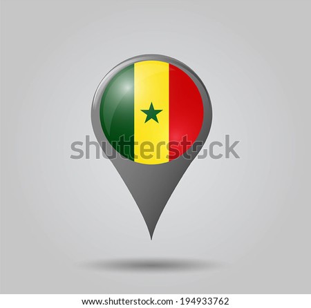 Map pointers with flag and 3D effect on grey background - Senegal