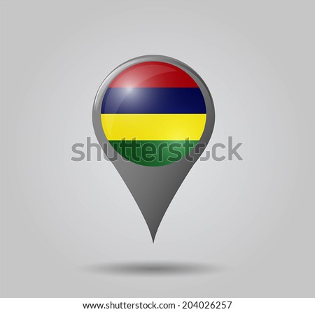 Map pointers with flag and 3D effect on grey background - Mauritius