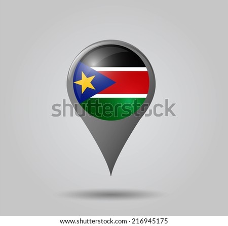 Map pointers with flag and 3D effect on grey background - South Sudan
