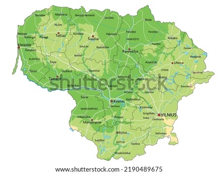 Highly detailed Lithuania physical map with labeling.
