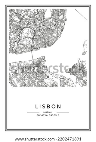 Black and white printable Lisbon city map, poster design, vector illistration.