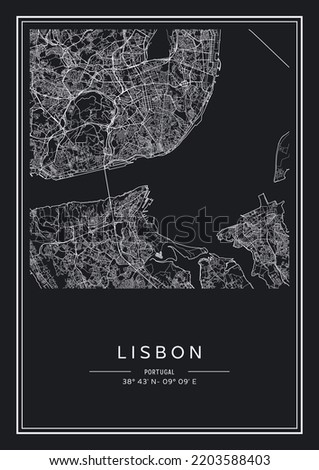 Black and white printable Lisbon city map, poster design, vector illistration.