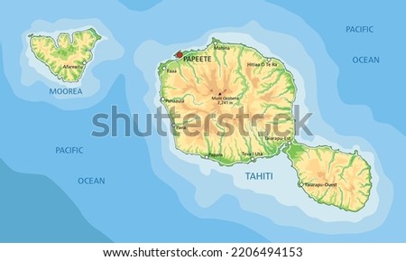 Highly detailed Tahiti physical map with labeling.