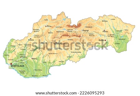 Highly detailed Slovakia physical map with labeling.