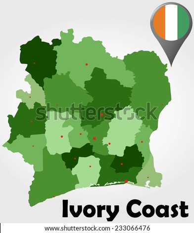 Ivory Coast political map with green shades and map pointer.