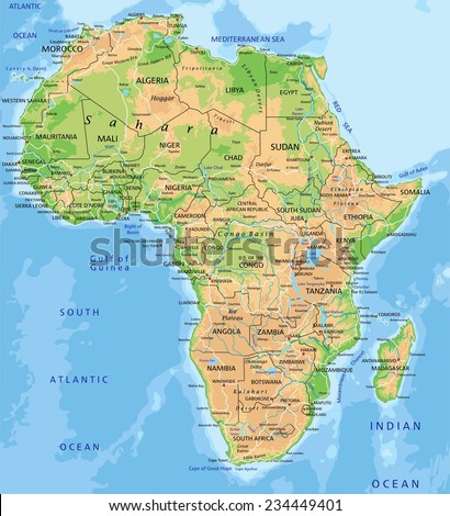 High Detailed Africa Physical Map With Labeling. Stock Vector 234449401 ...