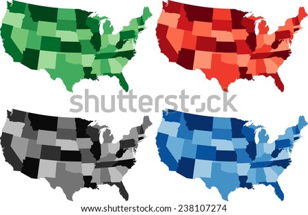 Highly Detailed United States of America political map in four different color. Isolated, editable.