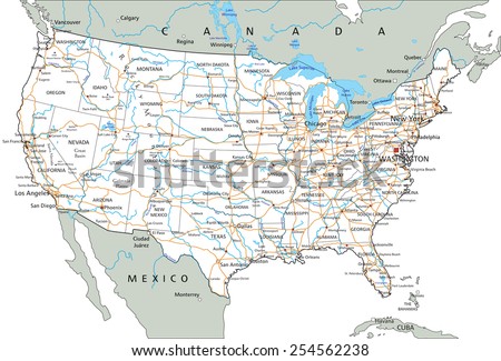 High detailed United States of America road map with labeling.