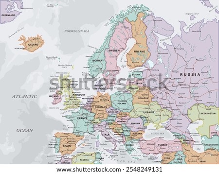 Political map of Europe in Mercator projection. Highly detailed, editable with clearly labeled, separated layers. Vector illustration.