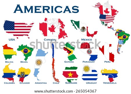 High detailed, editable maps and flags on white background of all North and South American countries.