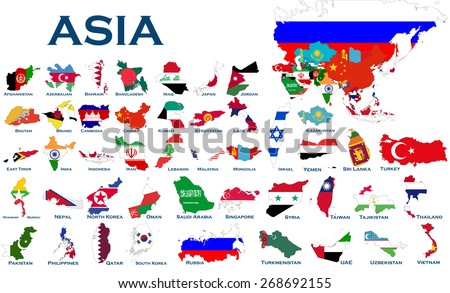 High detailed, editable maps and flags on white background of all Asian countries.