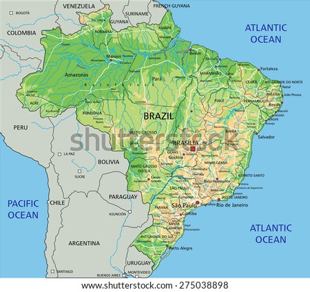 High Detailed Brazil Physical Map With Labeling. Stock Vector ...