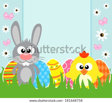 Holiday Easter background card with  rabbit and chicken