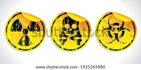 Danger grunge vector signs stickers set. Radiation sign, Biohazard sign, Toxic sign, Poison sign. Vector illustration