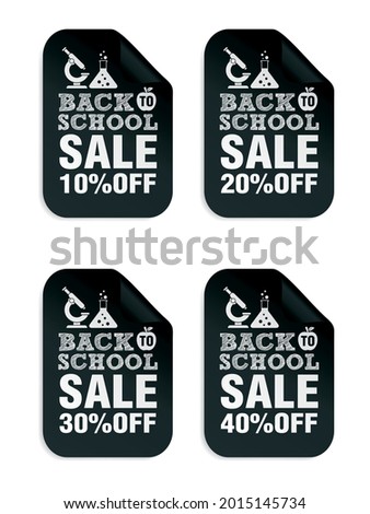 Back to school sale black stickers set 10%, 20%, 30%, 40% off with microscope. Vector illustration