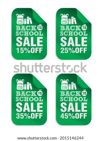 Back to school sale green stickers set 15%, 25%, 35%, 45% off with microscope school bag. Vector illustration