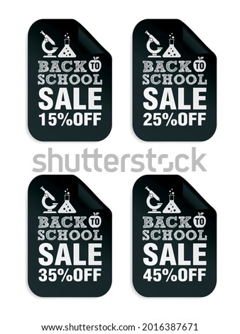Back to school sale black stickers set 15%, 25%, 35%, 45% off with microscope. Vector illustration