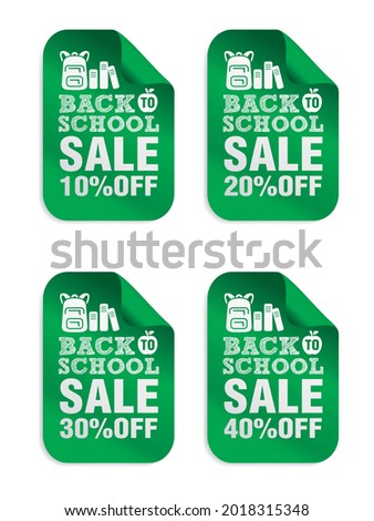 Back to school sale green stickers set 10%, 20%, 30%, 40% off with microscope school bag. Vector illustration