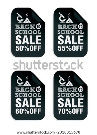 Back to school sale black stickers set 50%, 55%, 60%, 70% off with microscope. Vector illustration