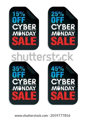 Set of Cyber Monday Sale stickers. Cyber Monday sale 15%, 25%, 35%, 45% off. Vector illustration