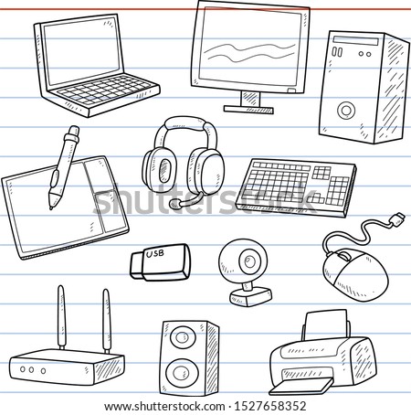 set of computer accessories in doodle style for decoration.