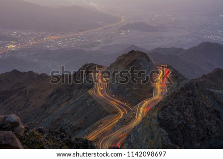 Traffic light trials night photography, zig zag road Al Hada, Taif - Saudi arabia