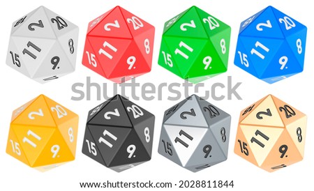 Set of twenty sided die, icosahedron dice, various colors. 3D rendering isolated on white background 商業照片 © 