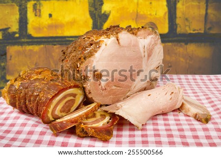 close-up of a variety of meat products,wall background