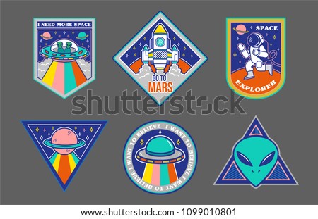 Colorful set icons with patches stickers on topic space explore alien ufo spaceship mars astronaut. Modern vector style mascot logo trendy print for clothes t shirt sweatshirt poster.