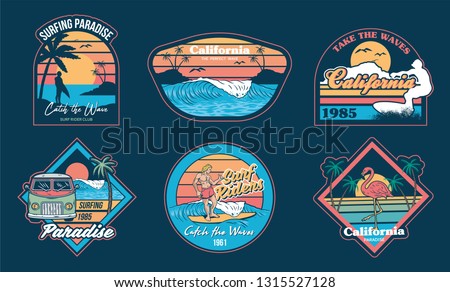 Set vintage emblems graphic design illustrations with fashion prints on t shirt clothes stickers patches poster. California summer holiday style with waves surfing palms trendy phrases old travel cars