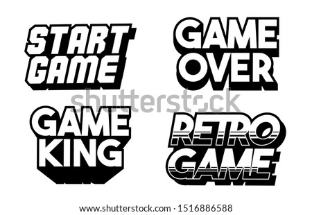 Lettering game design set collection of classic retro game phrases for gamers geek culture elements bundle. Cartoon vector text illustration for print design merch apparel. Classic inscriptions.